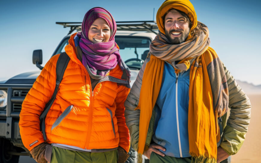 Travelers standing beside an off-road vehicle